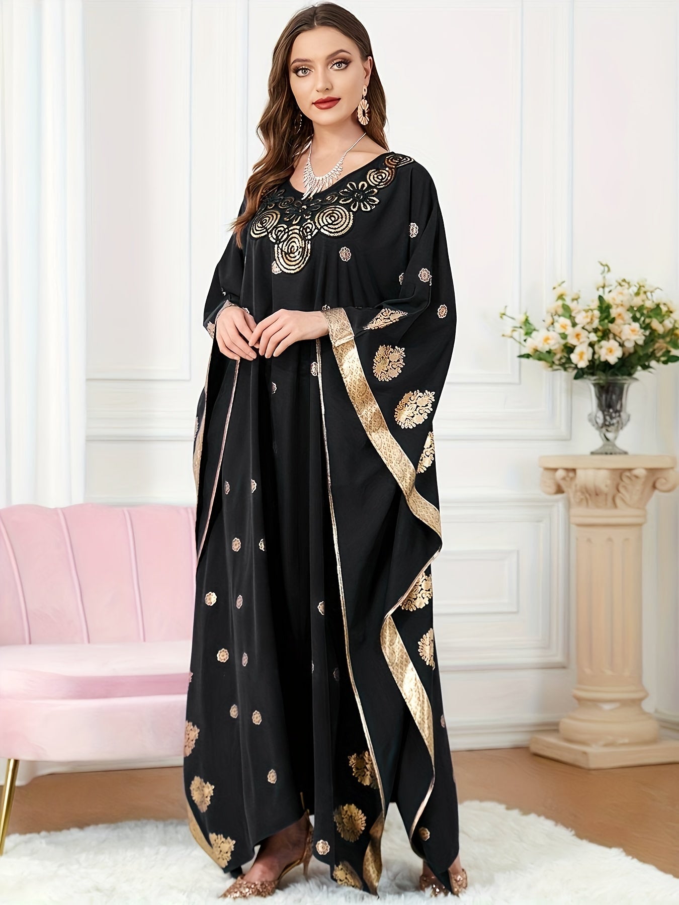 Graphic Print Batwing Sleeve Kaftan Dress, /MH