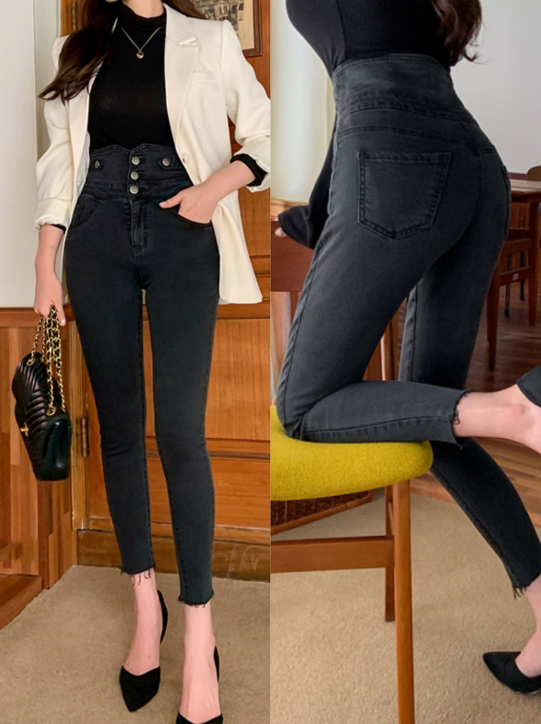 Women's High-Waisted Stretch Skinny Jeans with Multi-Button Front & Built-In Zipper - Slim-Fit Ankle-Length Denim Pants for All-Season Casual Outfits, Low Waisted Jeans, Stylish Outings, Fitted Design