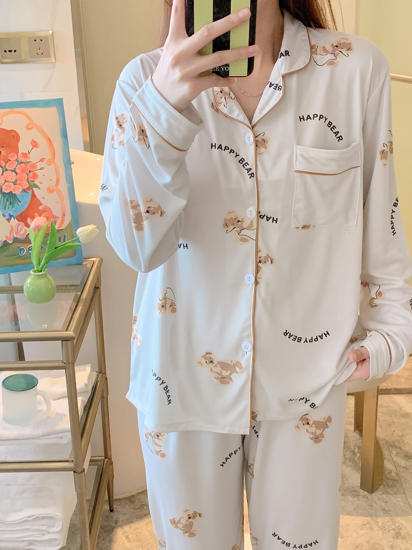 Cartoon Bear Print Pajama Set, /MH