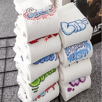 9 Pairs Of Men's Trendy Graffiti Pattern Crew Socks, Anti Odor & Sweat Absorption Breathable Cotton Socks, For All Seasons Wearing