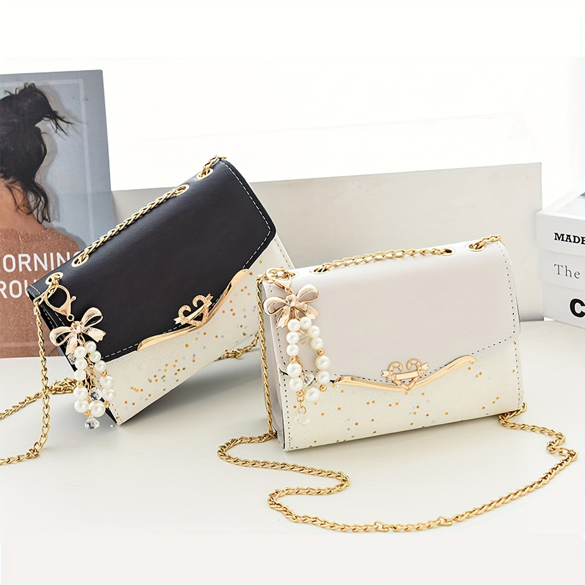 Fashion Polka Dot Beige PU Shoulder Bag with Tassel Charm, Urban Themed Flap-Over Crossbody with Buckle Closure and Metal Chain Strap, Lightweight Portable Handbag for Women, Ideal for Shopping, Office, University, Travel, Ca