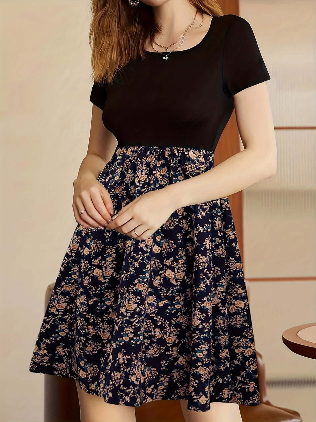 Vibrant Floral Print Crew Neck Dress - Short Sleeve, Casual, Comfortable, Spring & Summer Essential - Women's Clothing for Everyday Wear