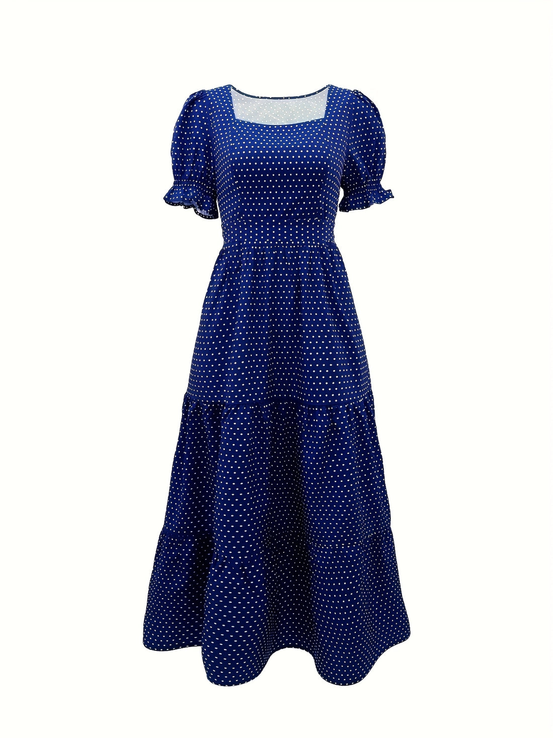 Women's Navy Blue & White Polka Dot Puff Sleeve A-Line Dress with Adjustable Waist Belt - Square Neck Casual Vacation Dress for Spring/Summer, Resort Wear, Casual Summer Dresses, Comfortable Heels