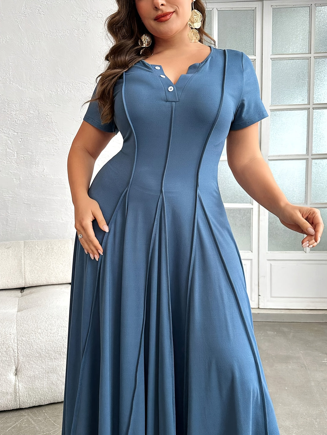 Plus Size, Buttoned neckline pleated detail short sleeve dress,/MH