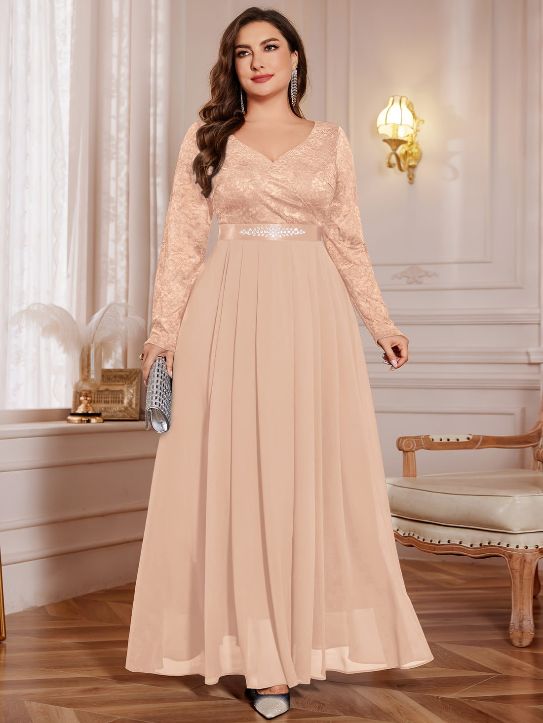 [Elegant Long Dress] Lace and Chiffon Elegant Long Dress for Women | Plus Sizes, Beaded Details at The Waist, Perfect for Parties And Special Occasions