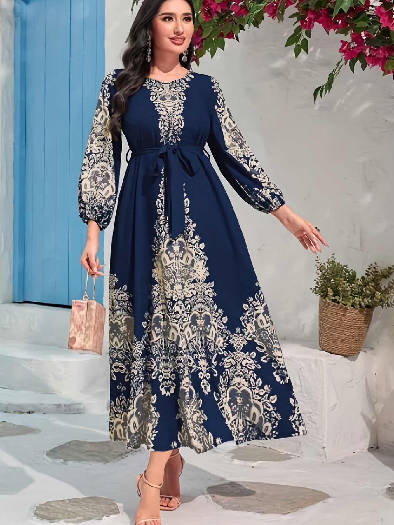 Graphic Print Tie Waist Kaftan Dress, /MH