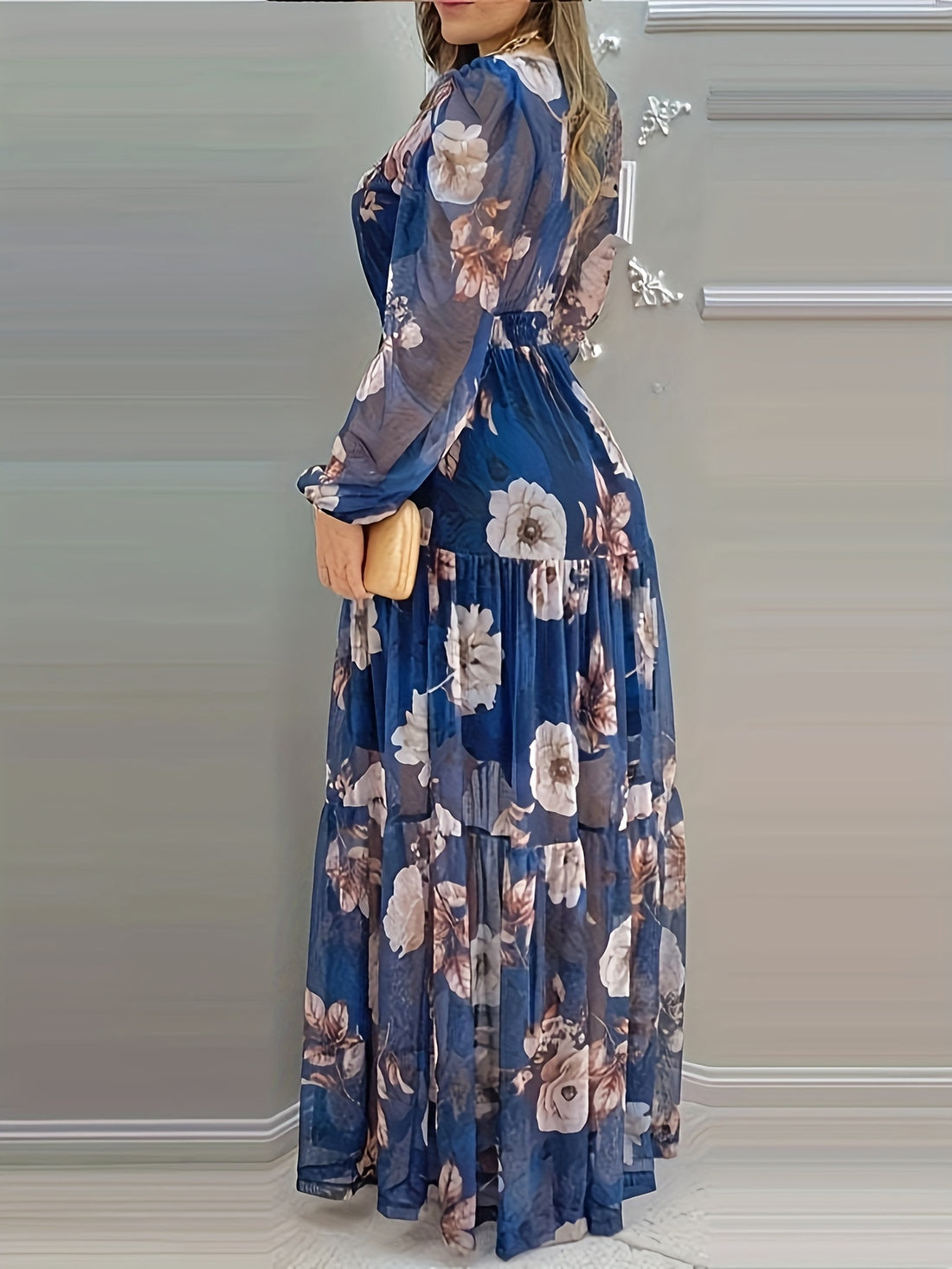 Elegant Floral Print 1pc V-Neck Maxi Dress - 100% Polyester Bodycon Long Gown - All-Season Woven Dress for Adults