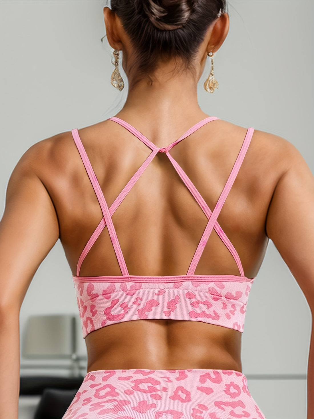 Color Block Leopard Print Seamless Cross Straps Bra, Sexy Comfy Push Up Bra, Women's Lingerie & Underwear