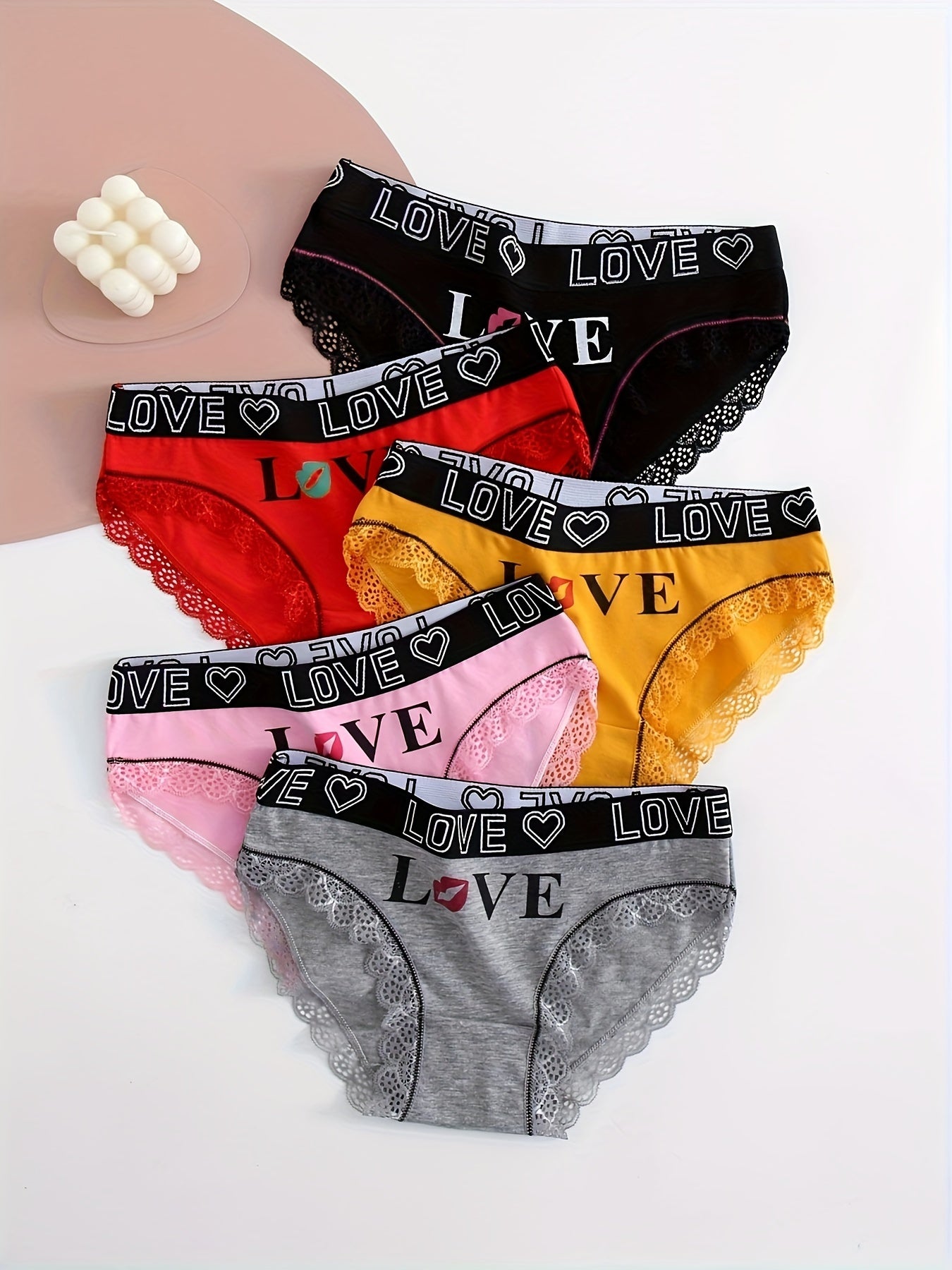 5pcs Contrast Lace Letter Print Briefs, Comfy & Breathable Scallop Trim Panties, /MH
