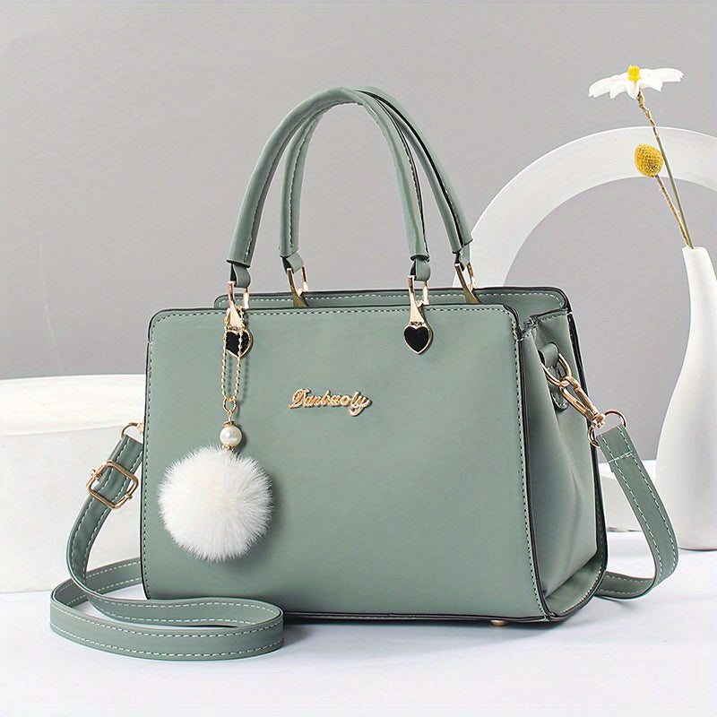 Fashion Solid Color Handbag, Women's Top Handle Square Purse, Elegant Crossbody Bag With Pompom Ball Pendant