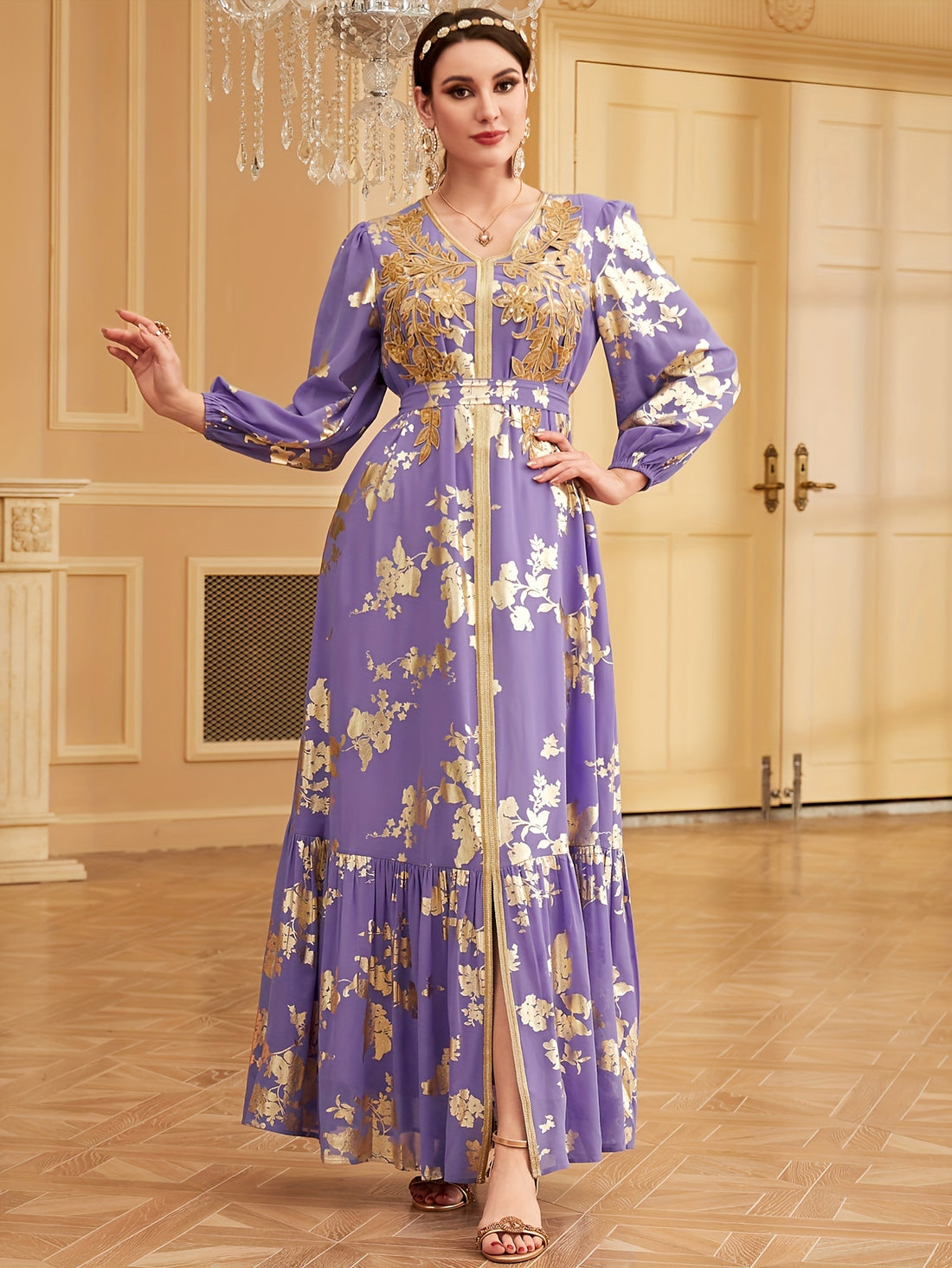 Bronzing V-neck Kaftan Dress, Elegant Long Sleeve 'MH