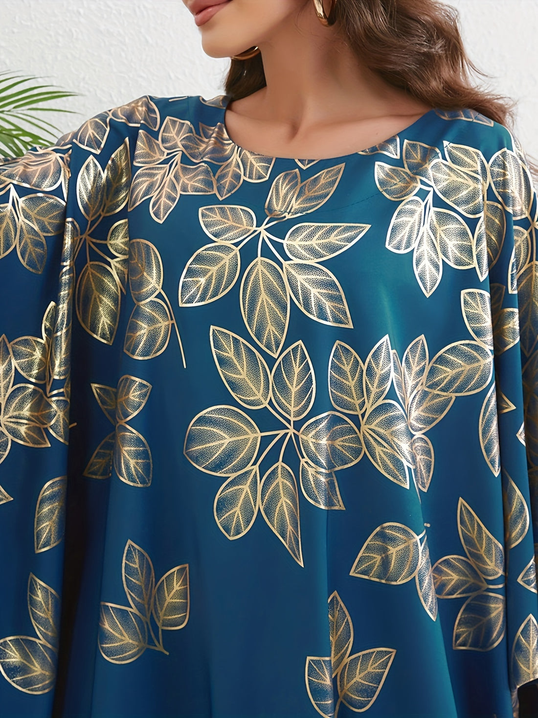 Leaf Print Crew Neck Kaftan, Elegant Batwing Sleeve'/MH
