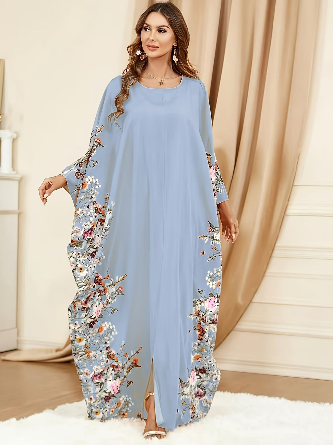 [Elegant | Floral Print] Long Sleeveless Elegant Floral Print Abaya | Spring/Summer Dress with Vibrant Pink, White, and Green Floral Design, Perfect for Casual or Formal Occasions