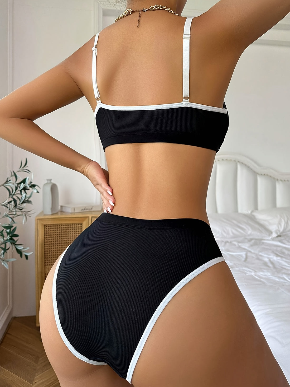 Women'S Cross-Border Comfortable Ribbed Contrast Color Trendy Bra and panty set'/MH