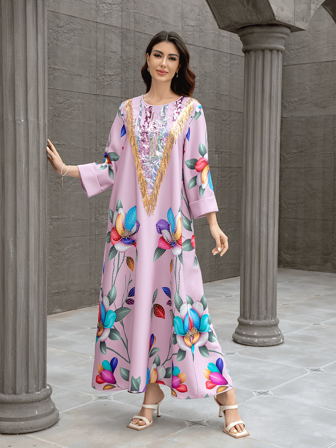 1pc Elegant Floral Abaya Dress for Women, Long Sleeve '/MH
