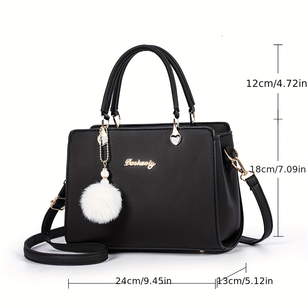 Fashion Solid Color Handbag, Women's Top Handle Square Purse, Elegant Crossbody Bag With Pompom Ball Pendant
