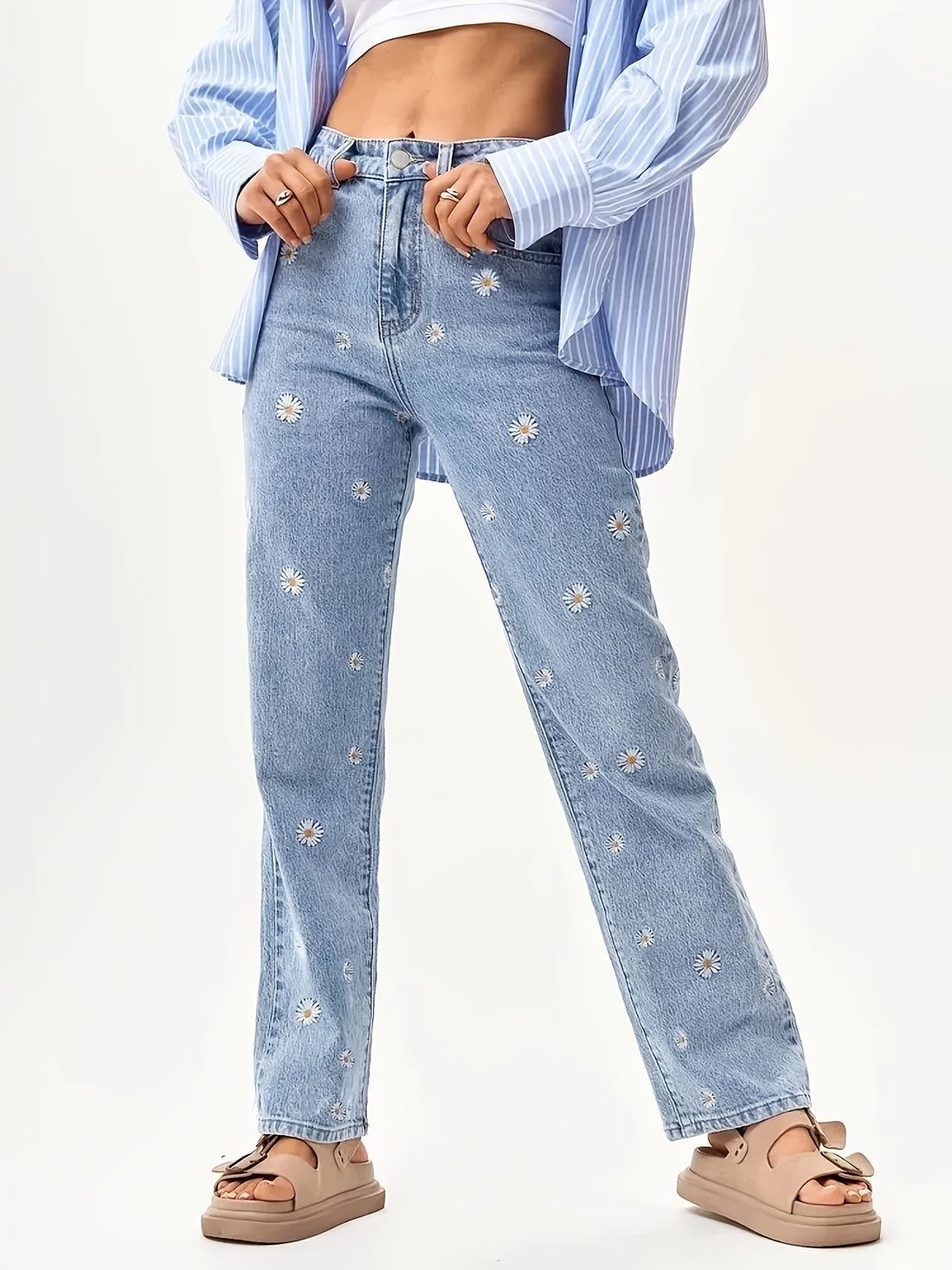 Women'S Straight-Leg Embroidered Denim Jeans with Floral Pattern - Light Blue, Casual Style, Mid-Rise, All-Season Comfort Fit, Everyday Jeans | Floral Embroidery Jeans | Comfortable Fit