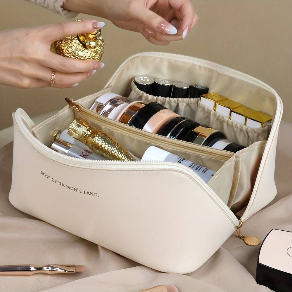 Travel Large Capacity Cosmetic Bag For Women, Portable Makeup Bag Pouch Open Flat Toiletry Bag, Make Up Organizer With Divider And Handle