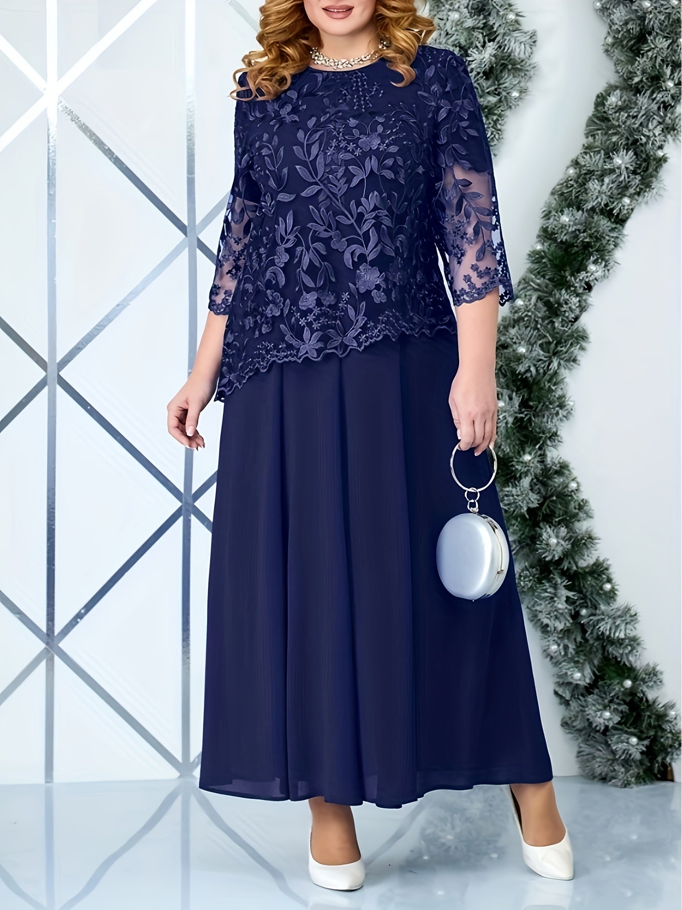Plus Size Elegant Embroidered Lace Midi Dress for Women - ./MH