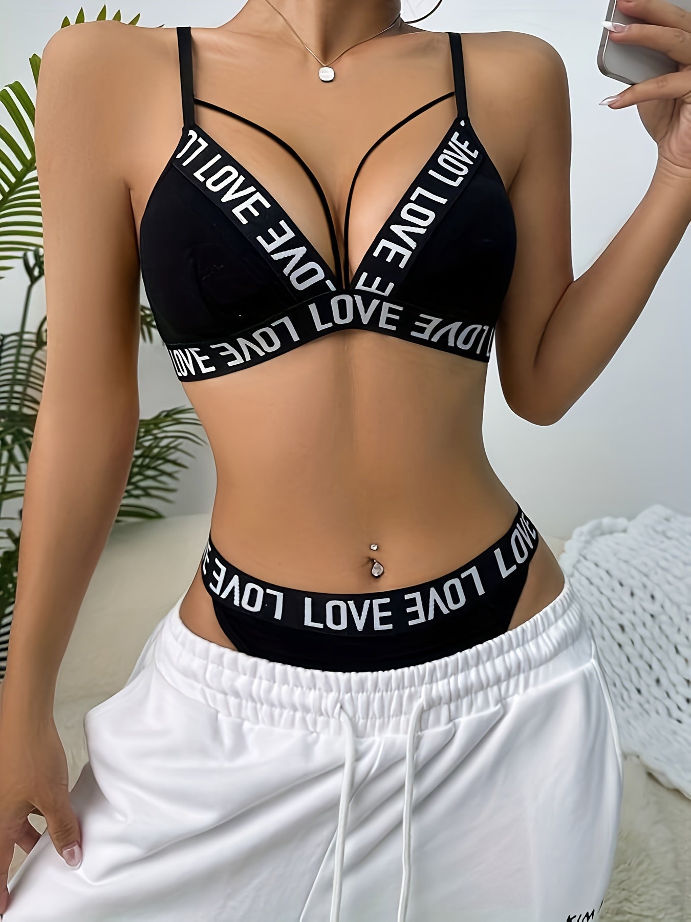 Letter Tape Cut Out Bra & Panty, Strappy Bra & Panties Lingerie Set,/MH