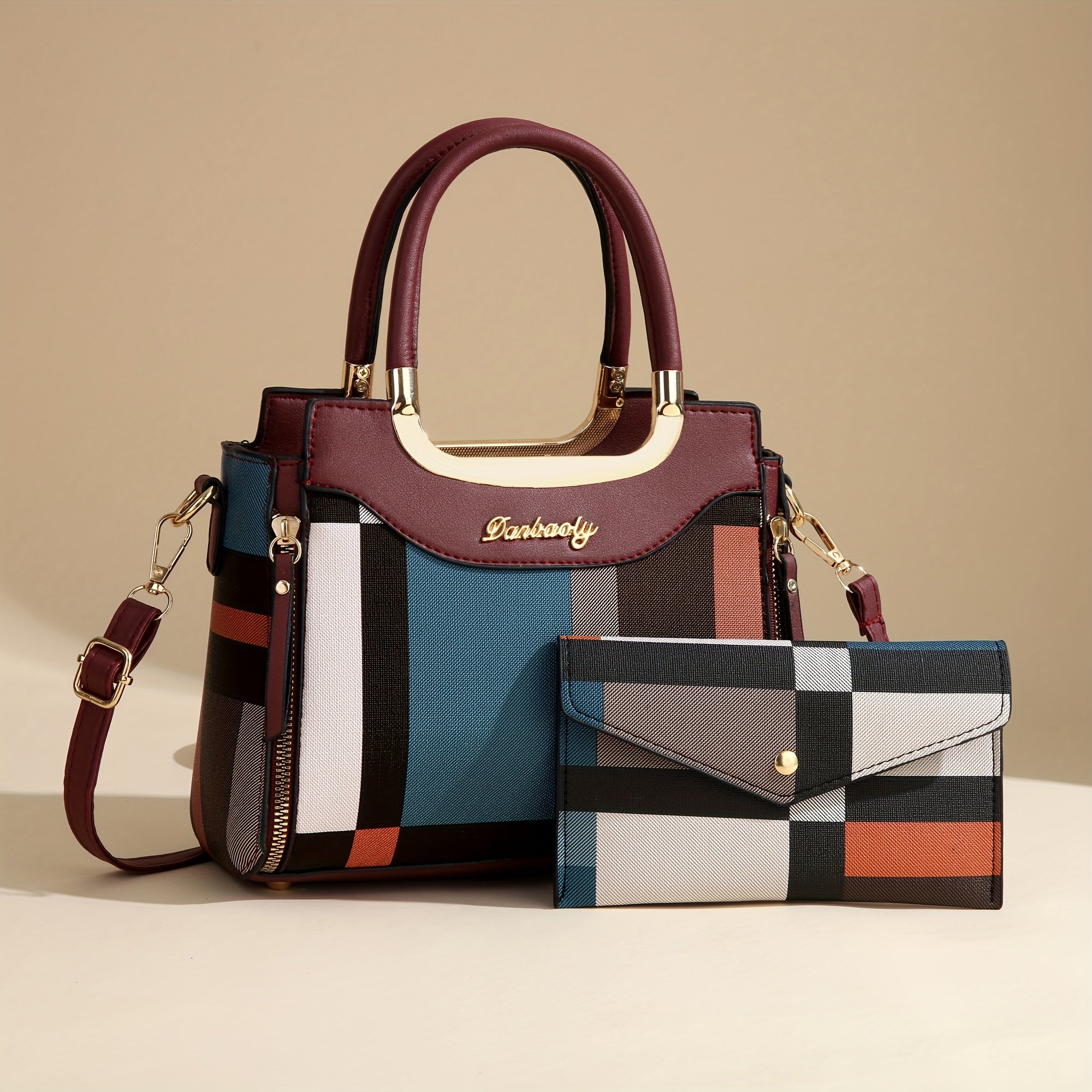 CHROSGEKEIDI Elegant Plaid Tote and Crossbody Bag Set, Large Capacity, with Adjustable Strap, Zipper Closure, Polyester Lined, for Women - Chic Gift for Mom and Family, Versatile Shoulder Bag|Chic Tote Bag Set| Bag, Cute Bag