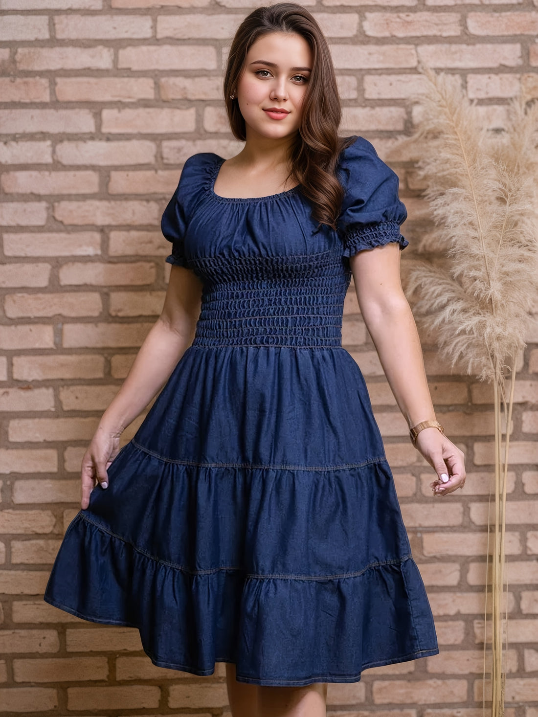 Plus Size Women's Elegant Smocked Waist Multi-Layer Ruffled Dress -/MH