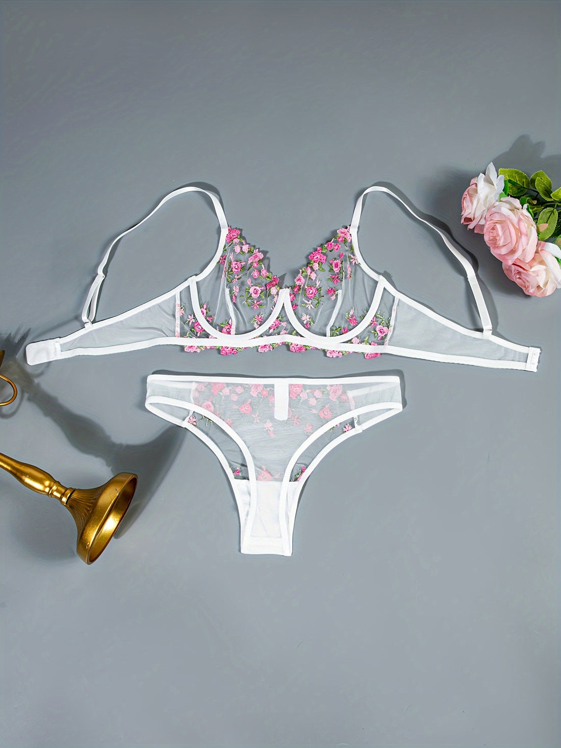 1 Set Floral Embroidery Lingerie Set, Mesh Semi Sheer Bra & Panties,/MH