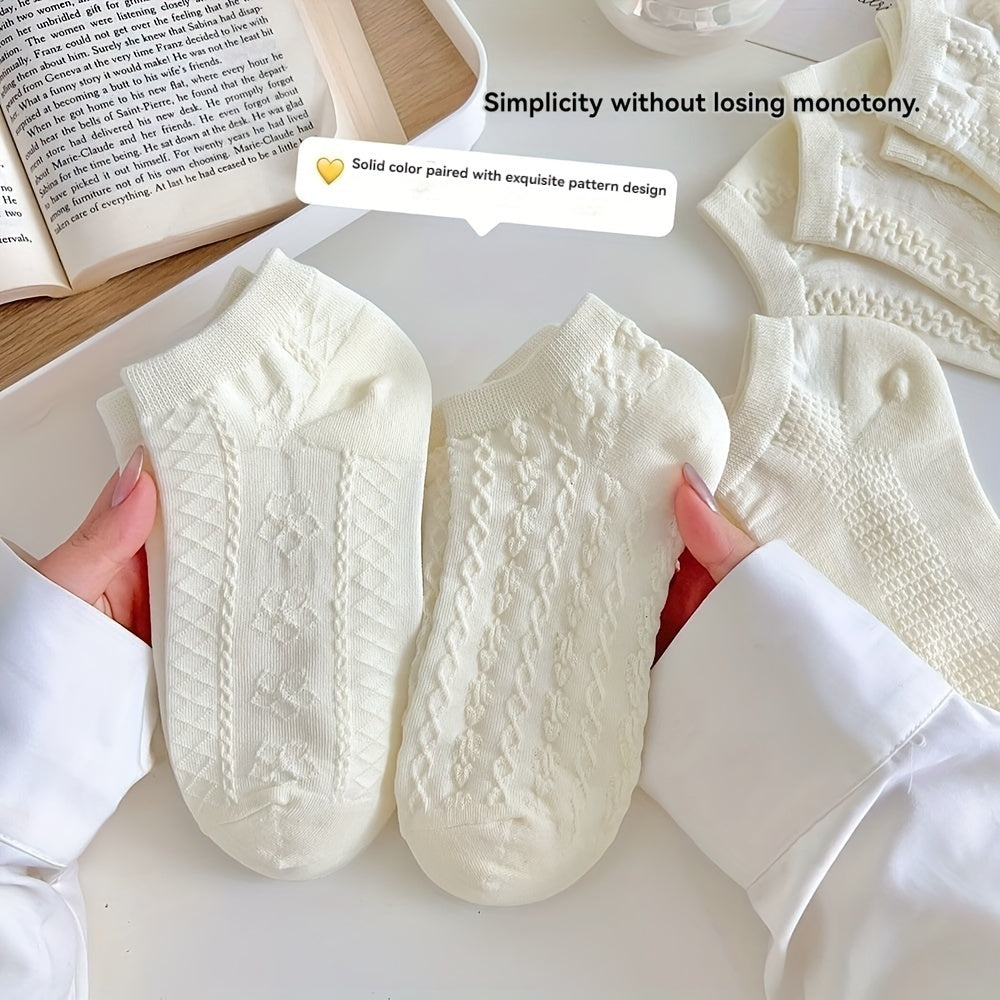 5 Pairs, White JK Socks, Women's Short Socks, Thin Summer Style, Ins Trendy and Cute Hollow Mesh Breathable Student Boat Socks