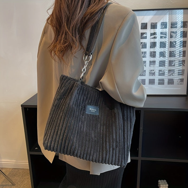 Corduroy Tote Bag For Women, Fashion Chain Shoulder Bag, Large Capacity Plush Handbag