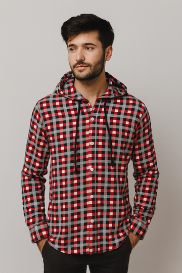 Men’s Red &amp; Black Checkered Hooded Casual Shirt