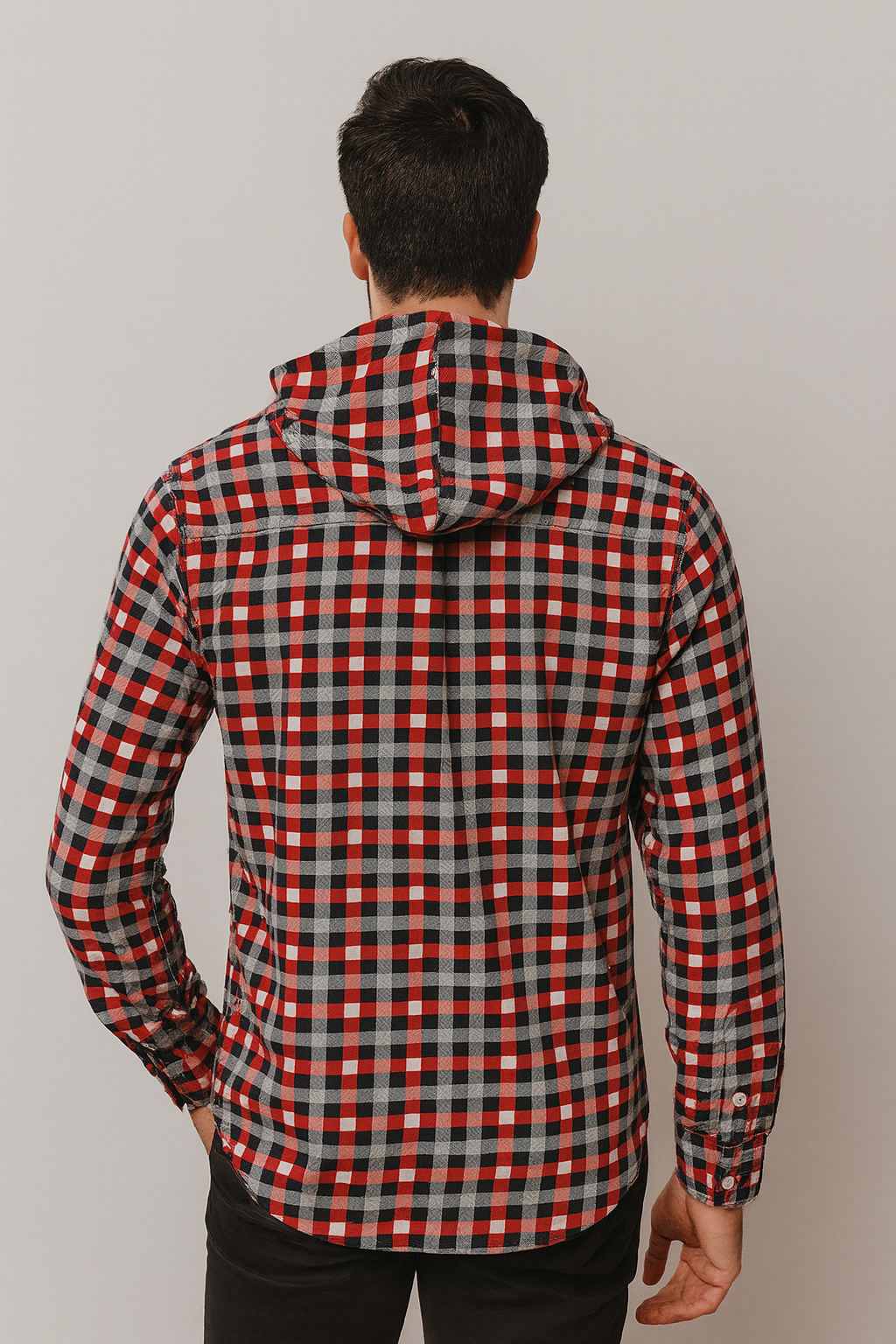 Men’s Red &amp; Black Checkered Hooded Casual Shirt