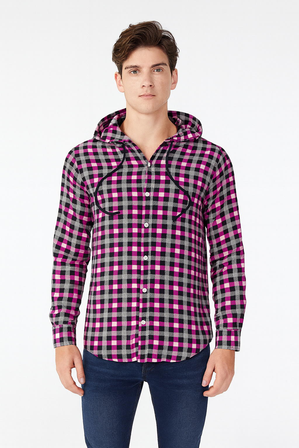Men's Pink, Black &amp; Grey Plaid Hooded Flannel Shirt