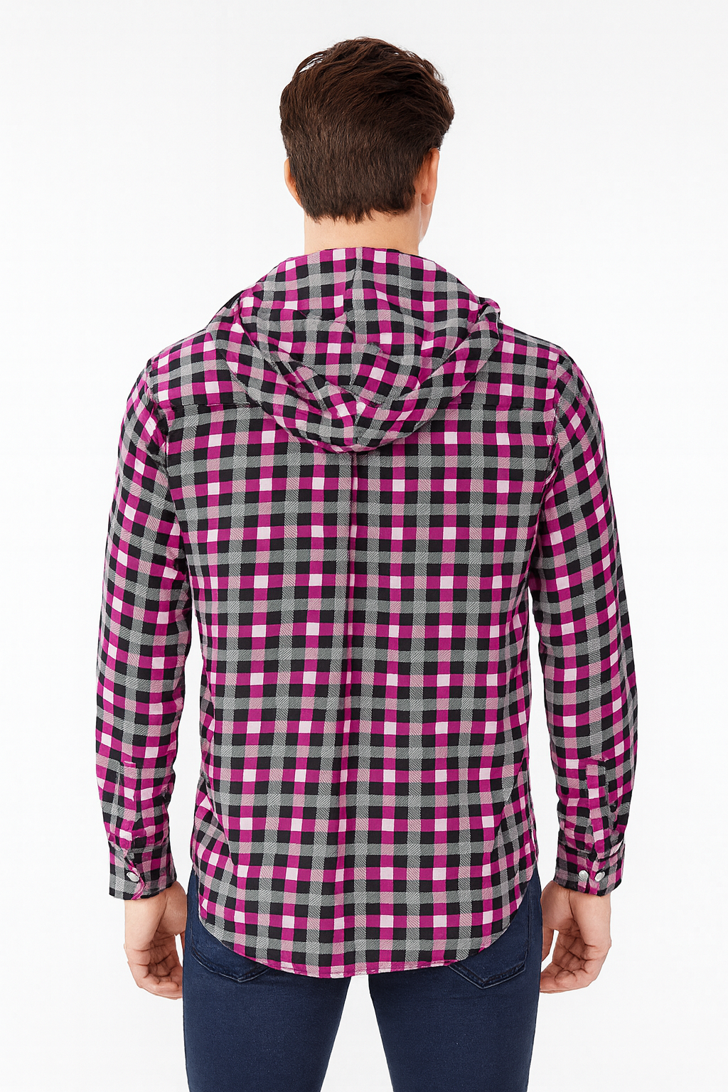 Men's Pink, Black &amp; Grey Plaid Hooded Flannel Shirt