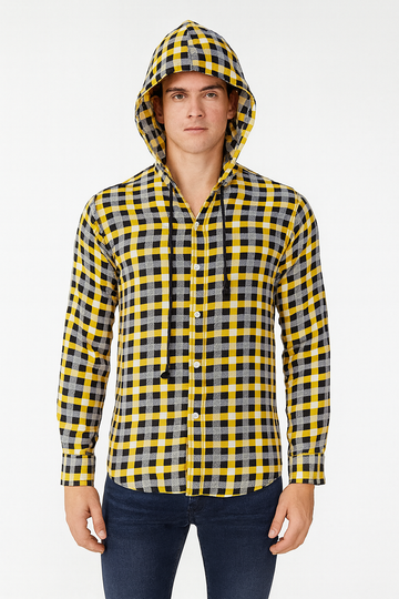 Men's Yellow, Black &amp; White Plaid Hooded Flannel Shirt