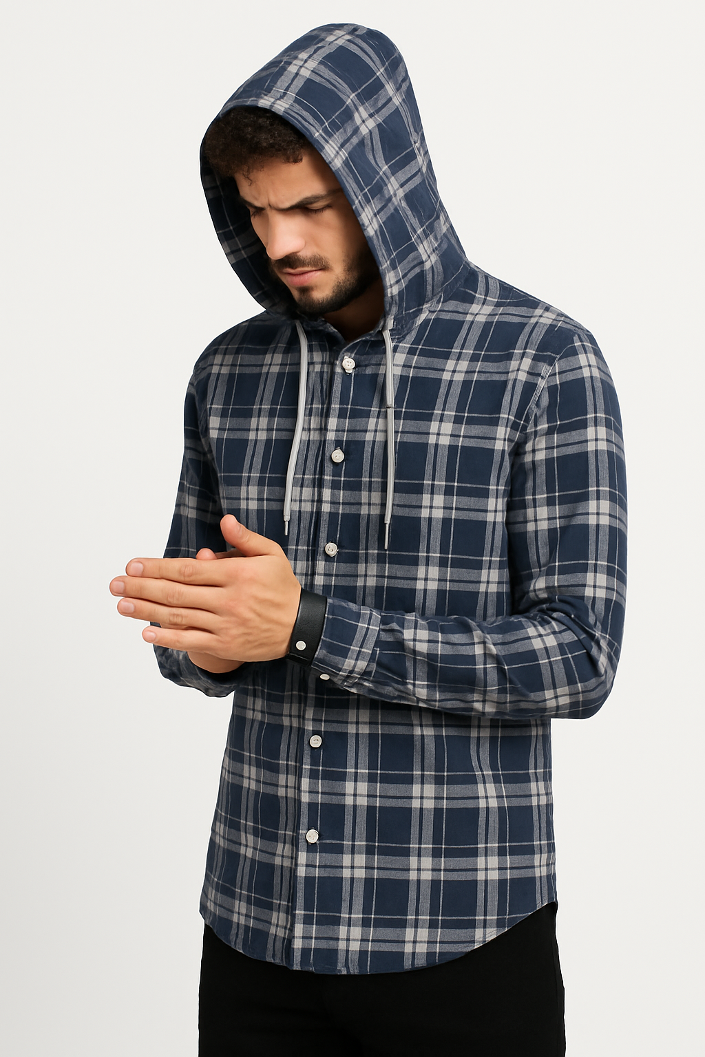 "Men’s Navy Blue Checkered Hooded Casual Shirt – Full Sleeve /MH
