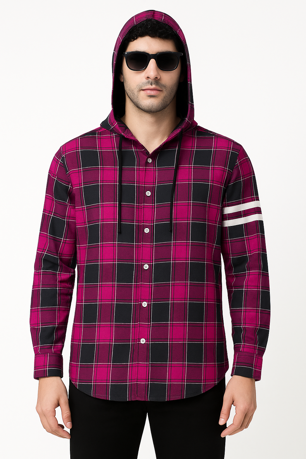 "Men’s Magenta & Black Plaid Hoodie Shirt/MH