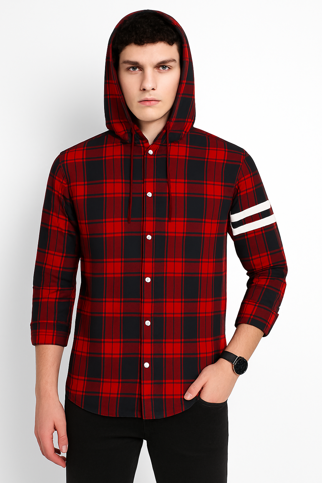 "Men’s Red & Black Plaid Hoodie Shirt"