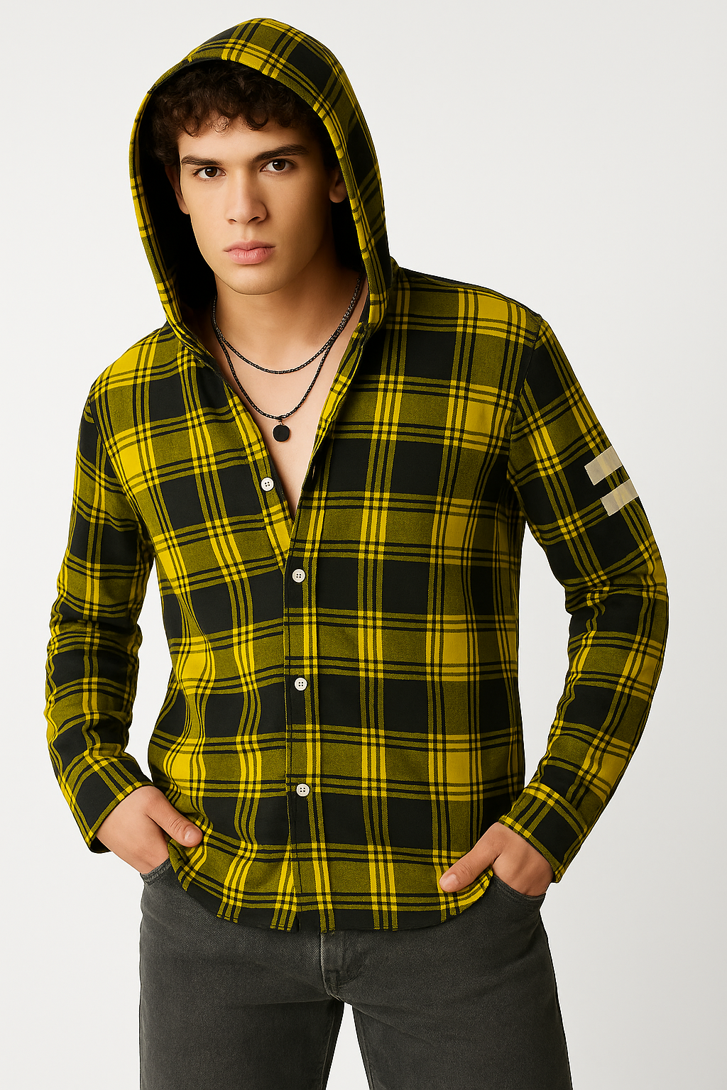 "Men’s Yellow & Black Checkered Hooded Casual Shirt – Full Sleeve/MH