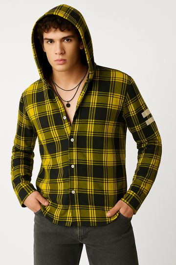 "Men’s Yellow & Black Checkered Hooded Casual Shirt – Full Sleeve/MH