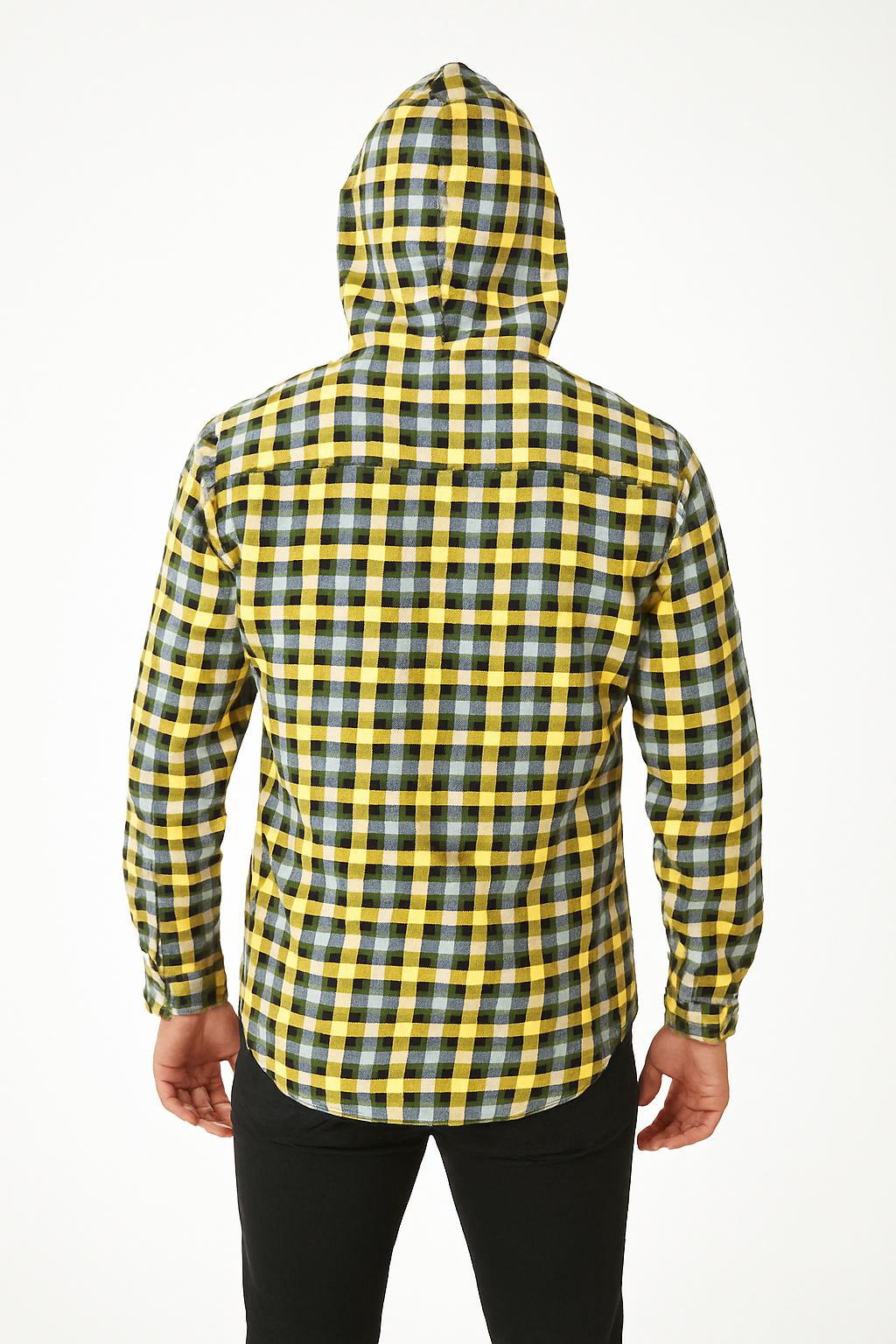 Men's Yellow, Black &amp; White Plaid Hooded Flannel Shirt