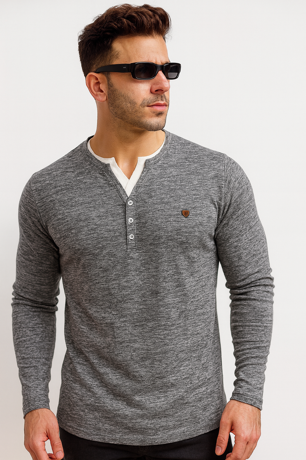 "Charcoal Gray V-Neck Henley – Men’s Long Sleeve/MH