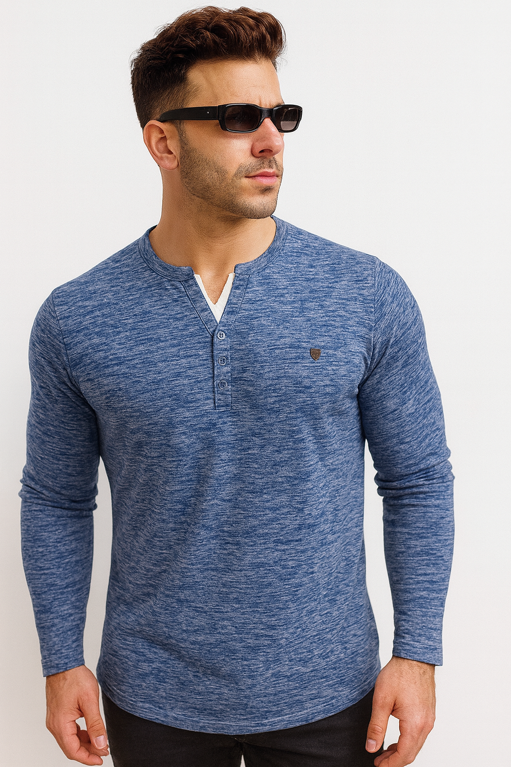 "Men’s Blue Melange V-Neck Henley Long Sleeve" / MH