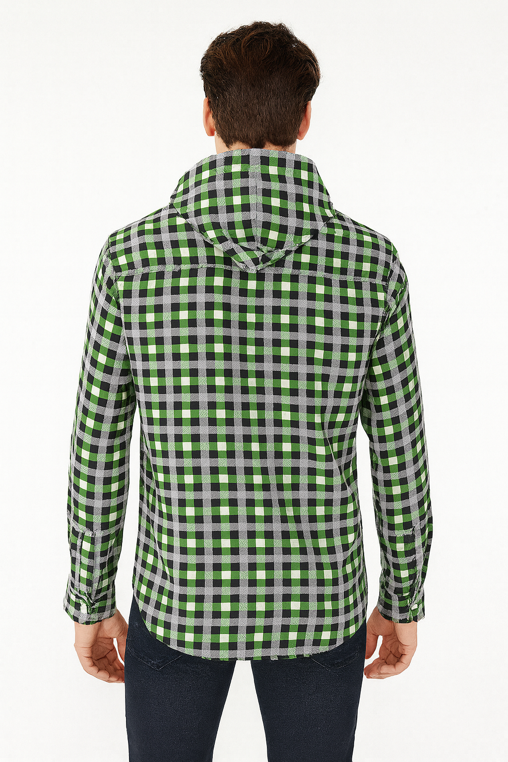 "Men's Green, Black & White Plaid Hooded Flannel Shirt – Front View"
