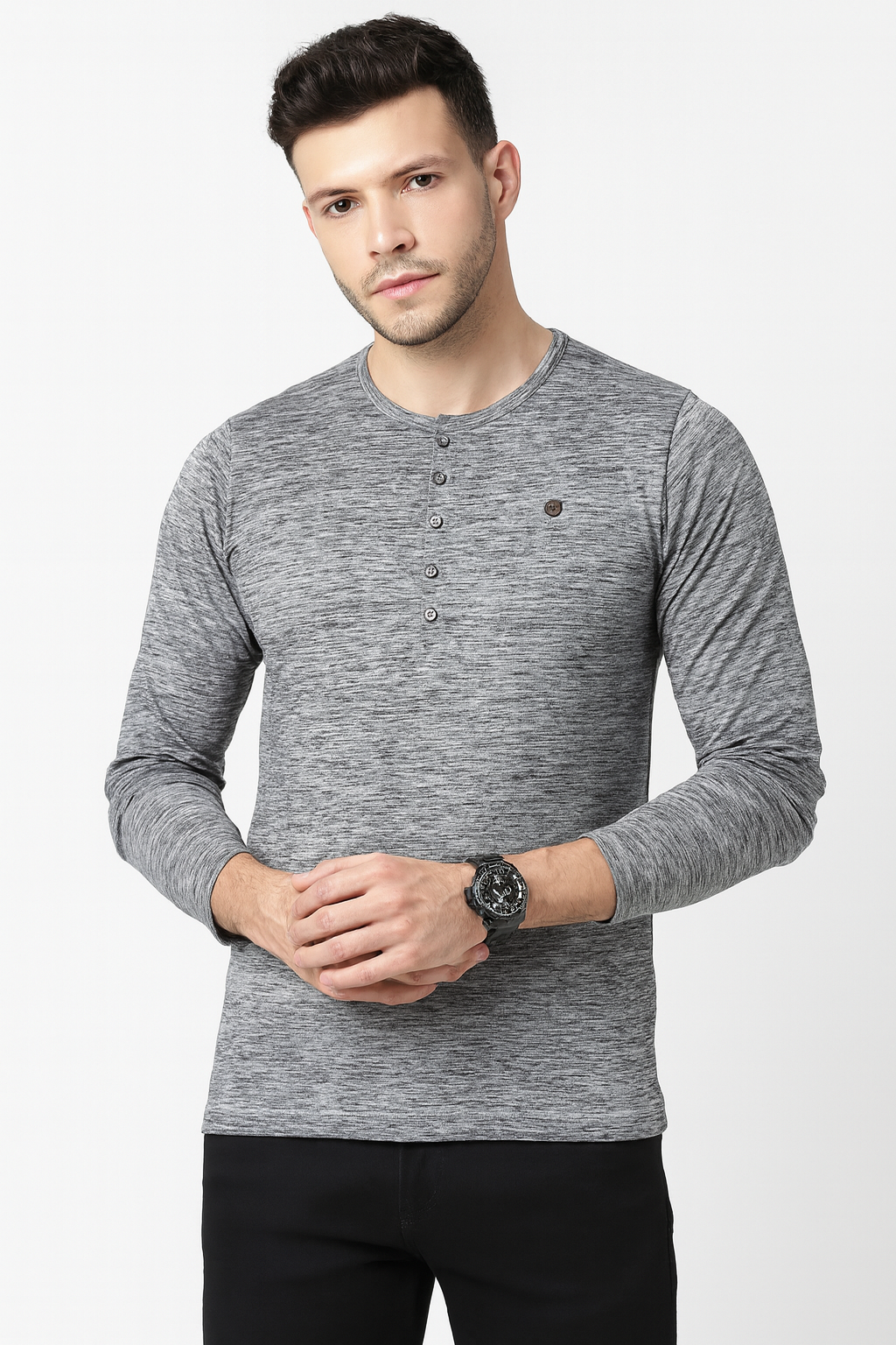 Men’s 7-Button Henley Long Sleeve T-Shirt – Light Grey Heather/ MH