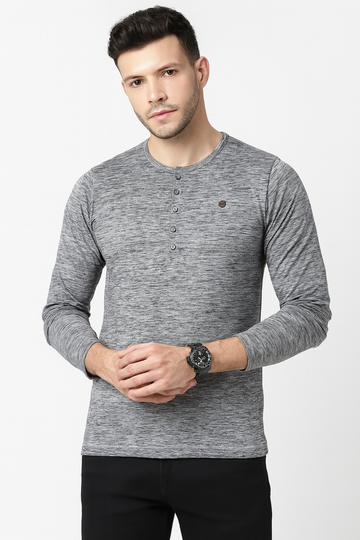 Men’s 7-Button Henley Long Sleeve T-Shirt – Light Grey Heather/ MH