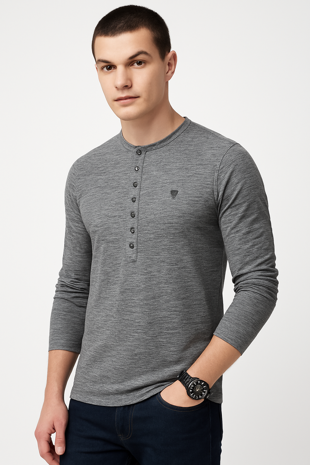 Men’s 7-Button Henley Long Sleeve T-Shirt – Charcoal Heather/MH