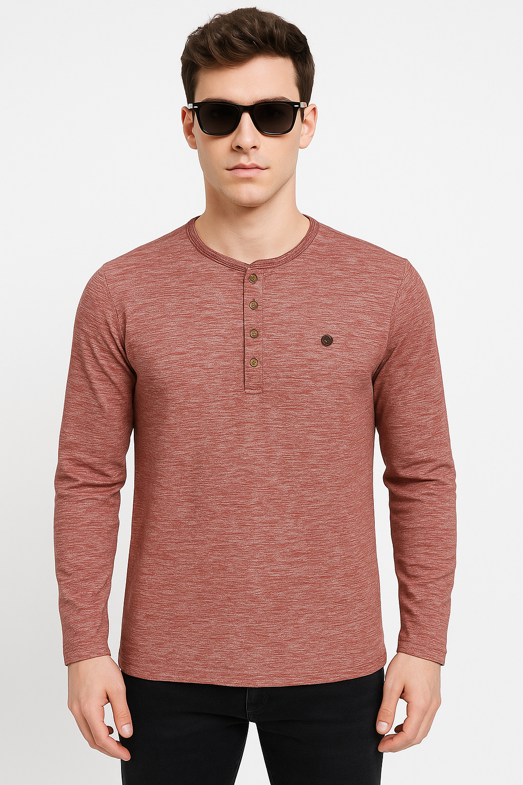 Men’s 4-Button Henley Long Sleeve T-Shirt – Rust Heather/MH