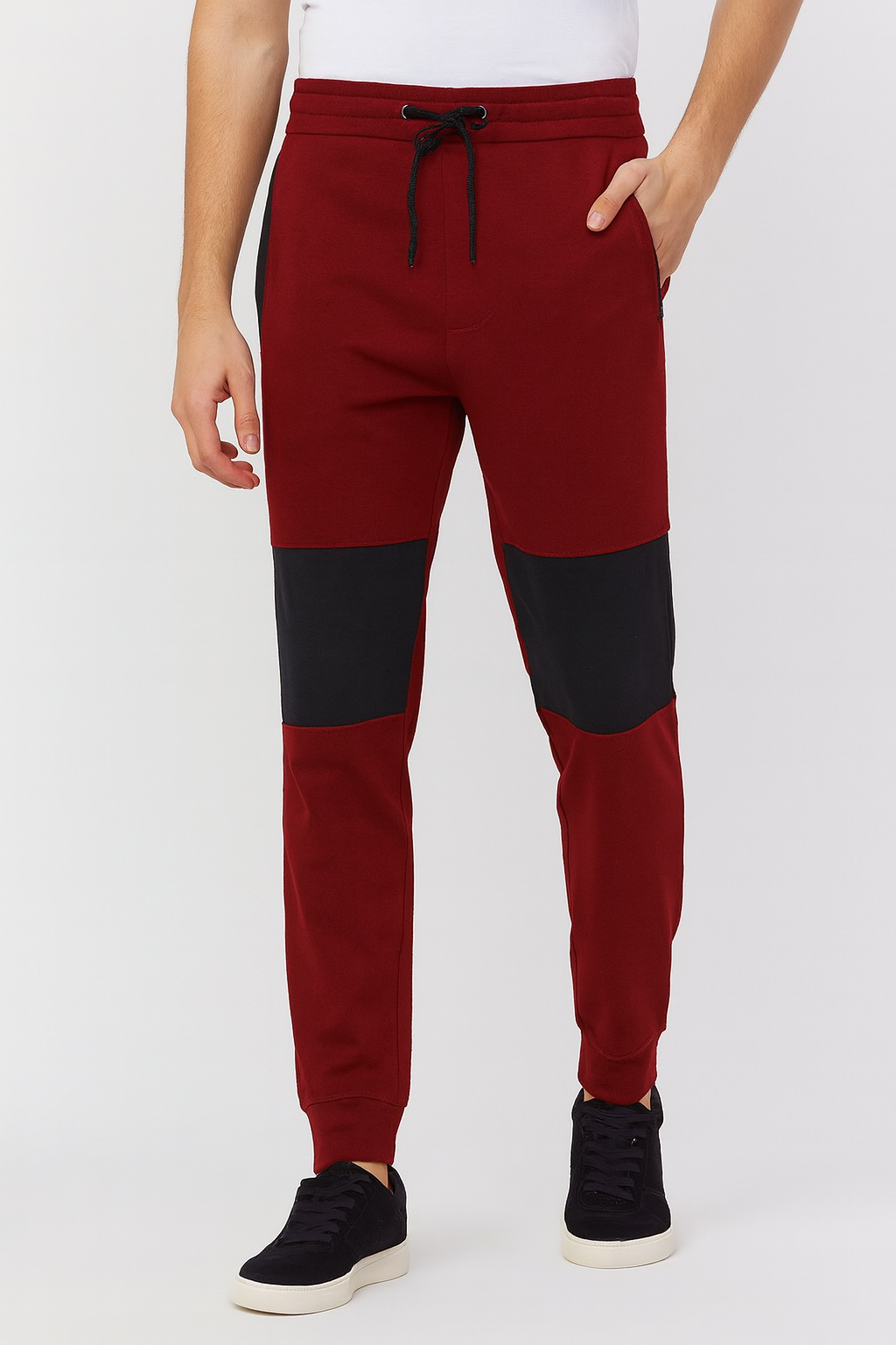 "Men’s Burgundy Jogger Pants with Black Knee Panels"/ MH