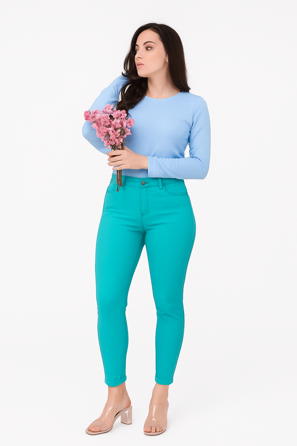 Women’s Slim Fit Belt System Pants – Turquoise Blue