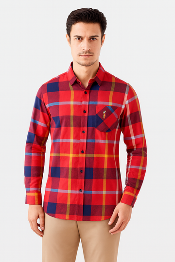 Bold Checks, Sharp Style: Red Plaid Shirt with Modern Edge / MH